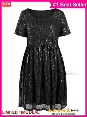 Plus Size Sequin Mini Dress Short Sleeve Scoop Neck A-Line Cocktail Party
